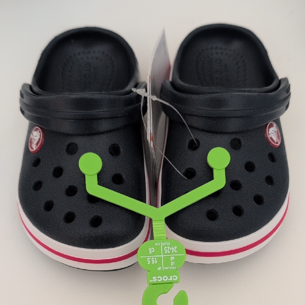 CROCS Kids Navy Blue Clogs with White and Red Stripe (Size C8)